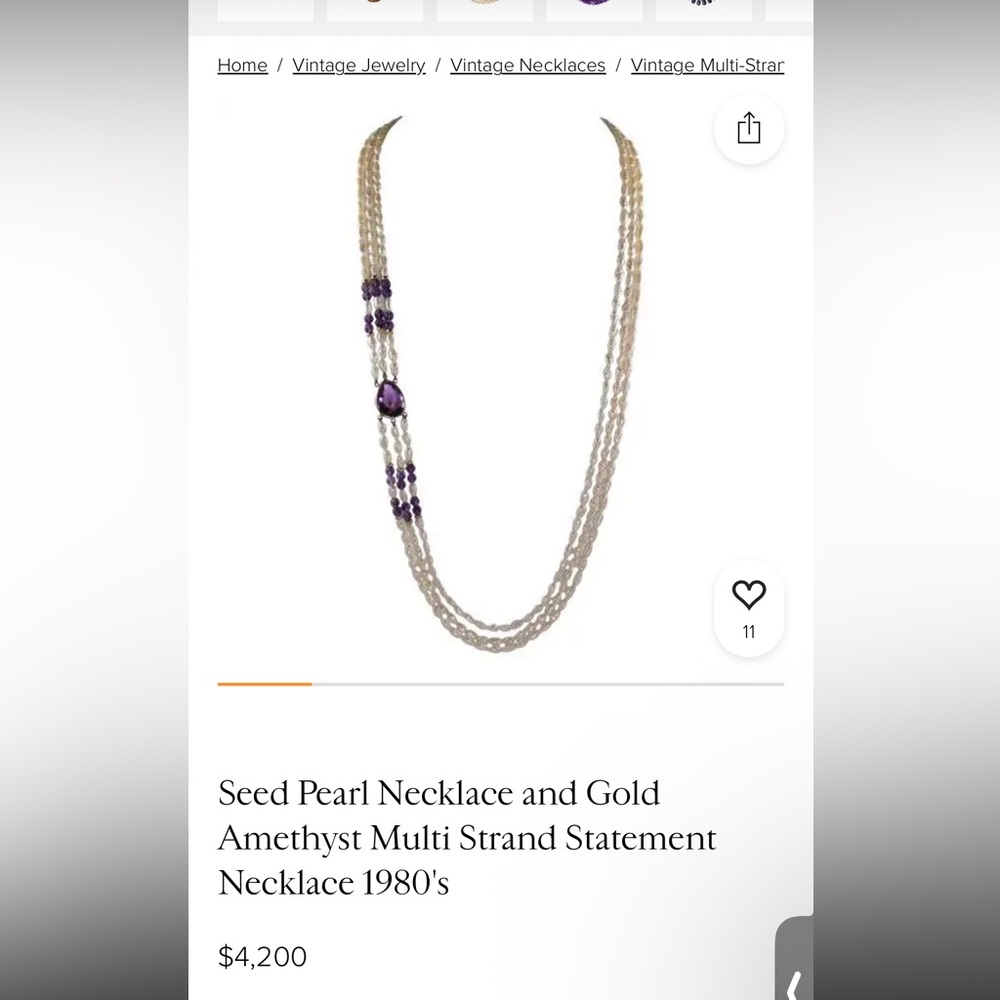 14k  solid gold Antique long pearl amethyst necklace .  Seeded pearl necklace